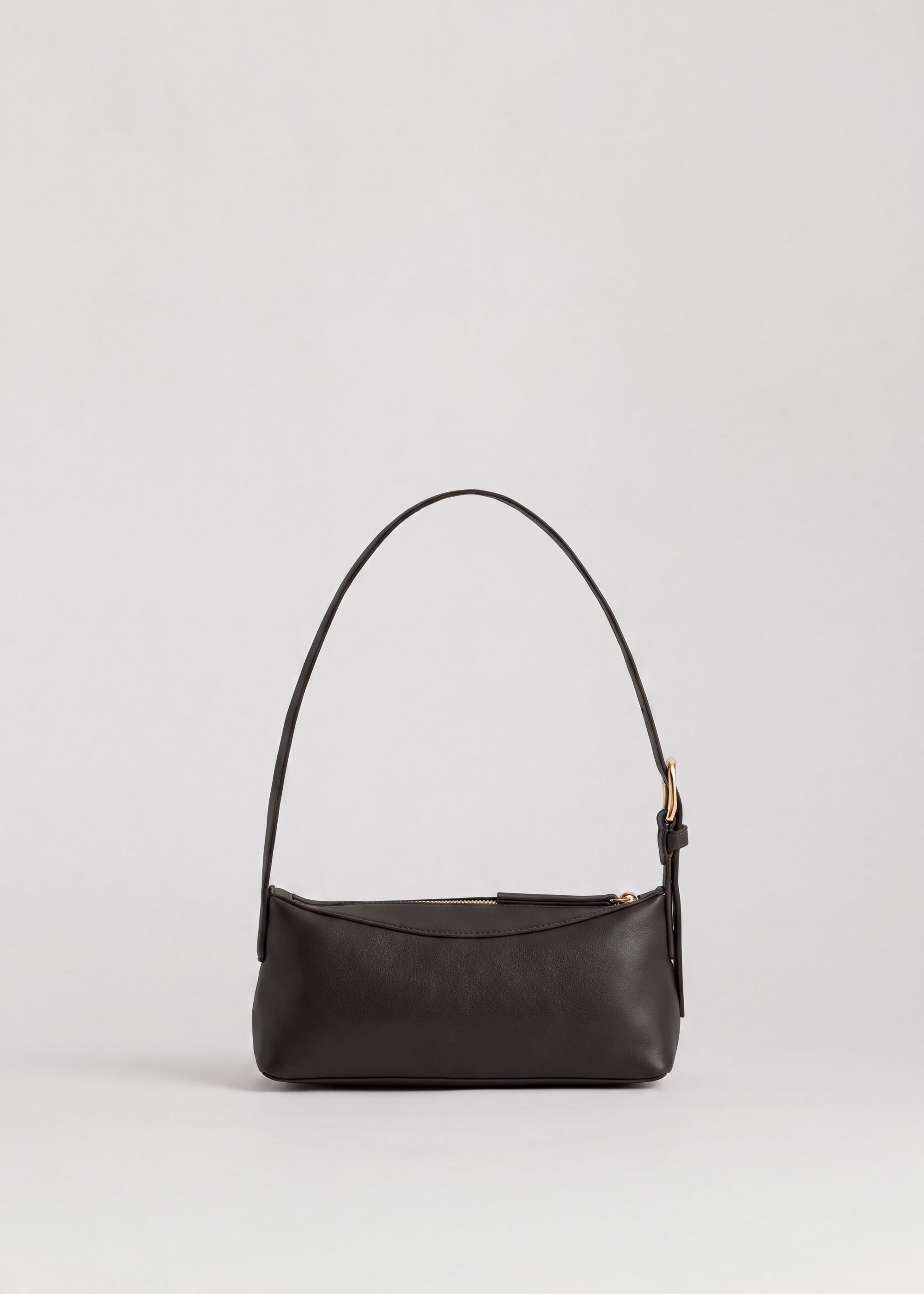 Bobby Bag in Americano Lambskin back view showing adjustable shoulder strap and custom chrome buckle