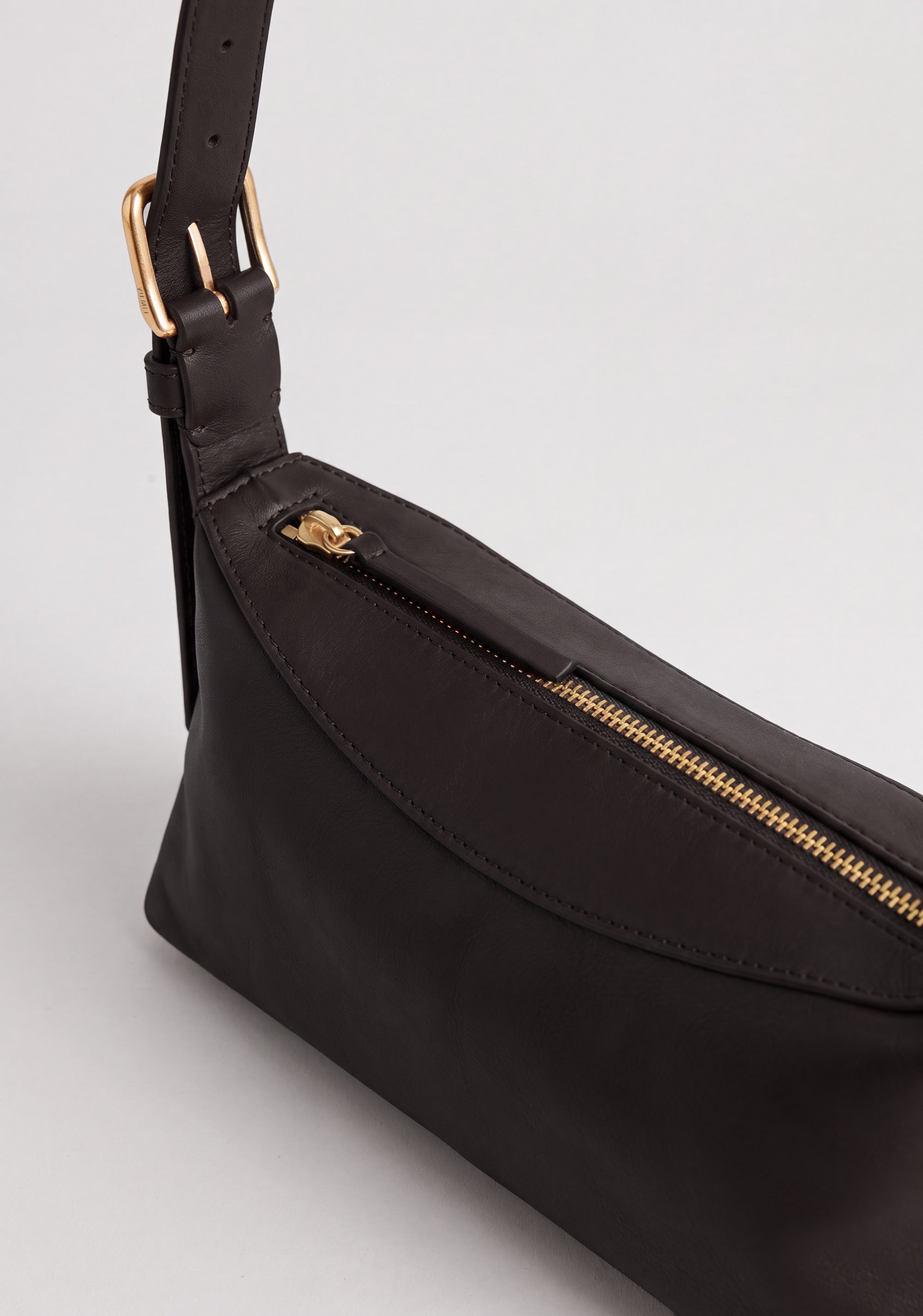 Bobby Bag in Americano Lambskin angle view showing adjustable shoulder strap and custom hardware
