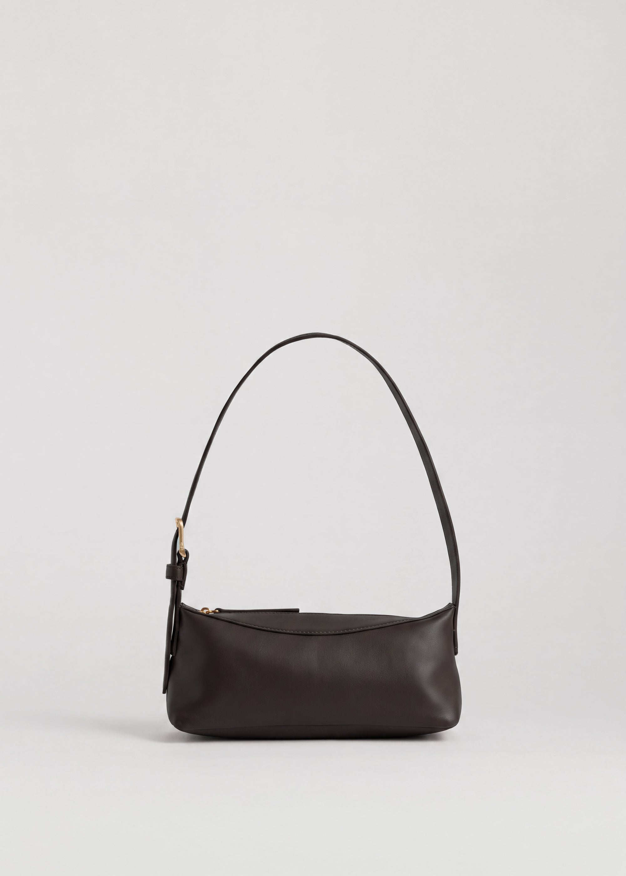 Bobby Bag in Americano Lambskin front view showing adjustable shoulder strap and custom chrome buckle