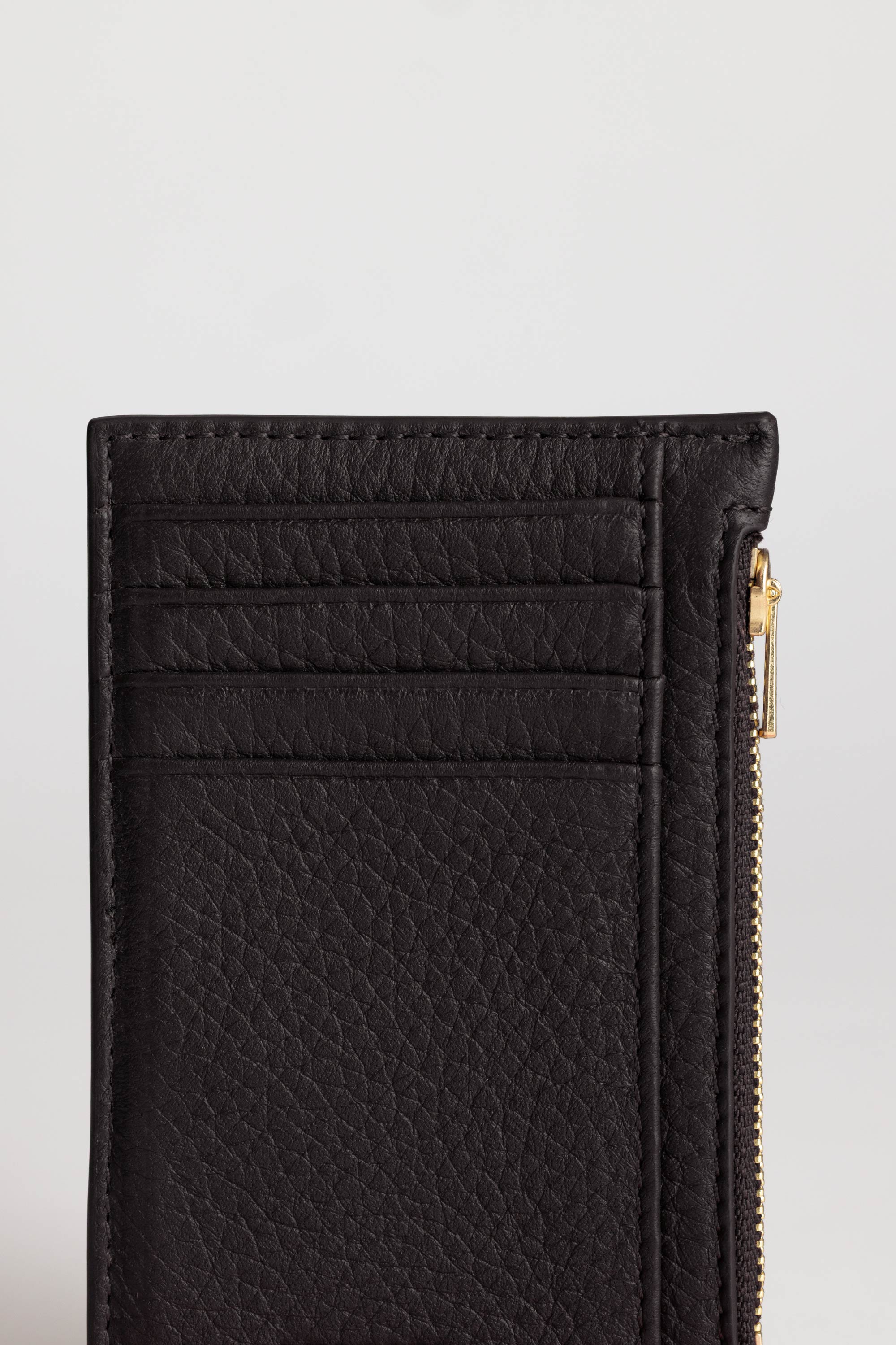 Frank Cardholder in Americano deer nappa close-up view showing multiple cardholders and zip pocket