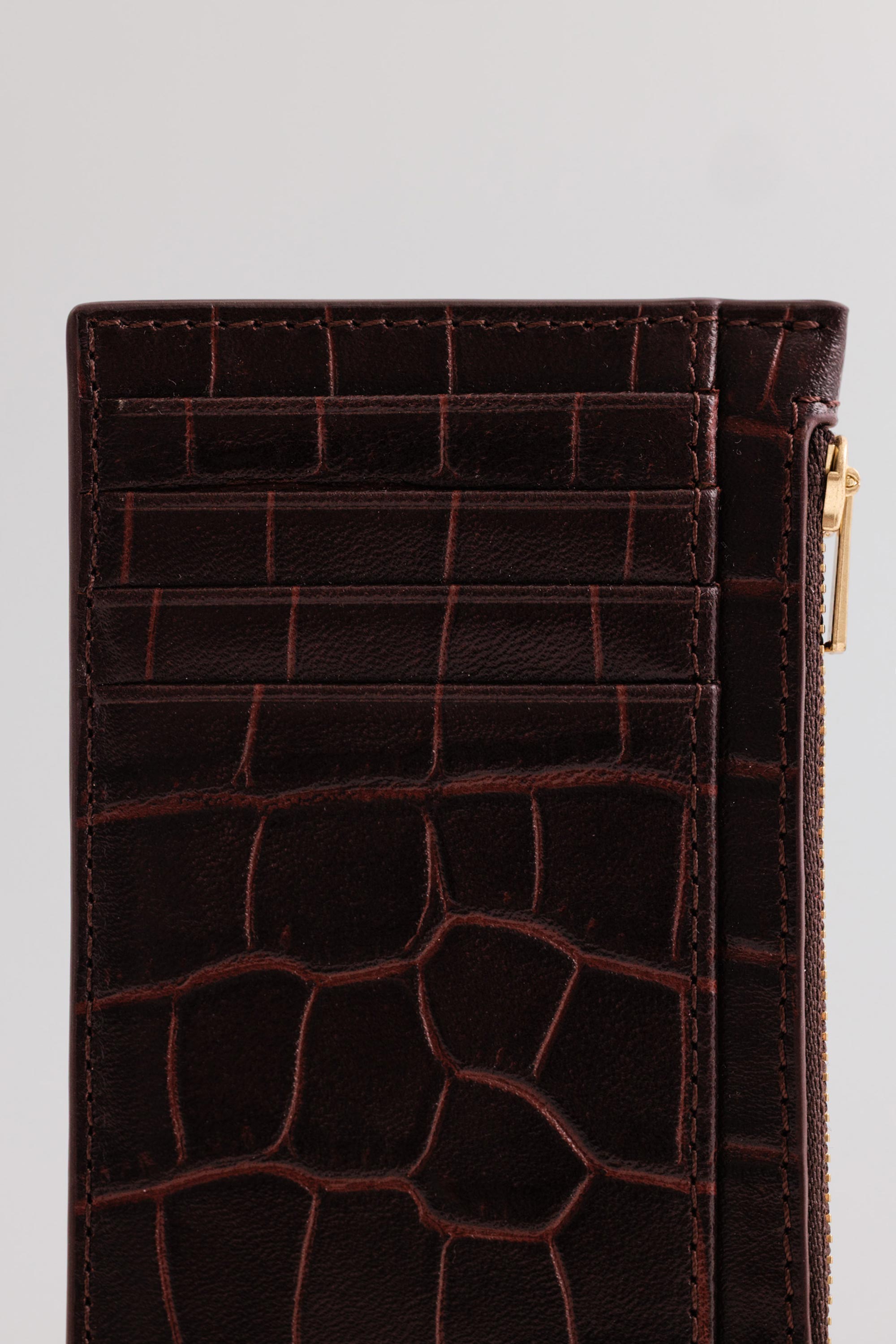 Frank Cardholder in Fire Croc close-up view showing premium croc embossed exterior and zipped compartment
