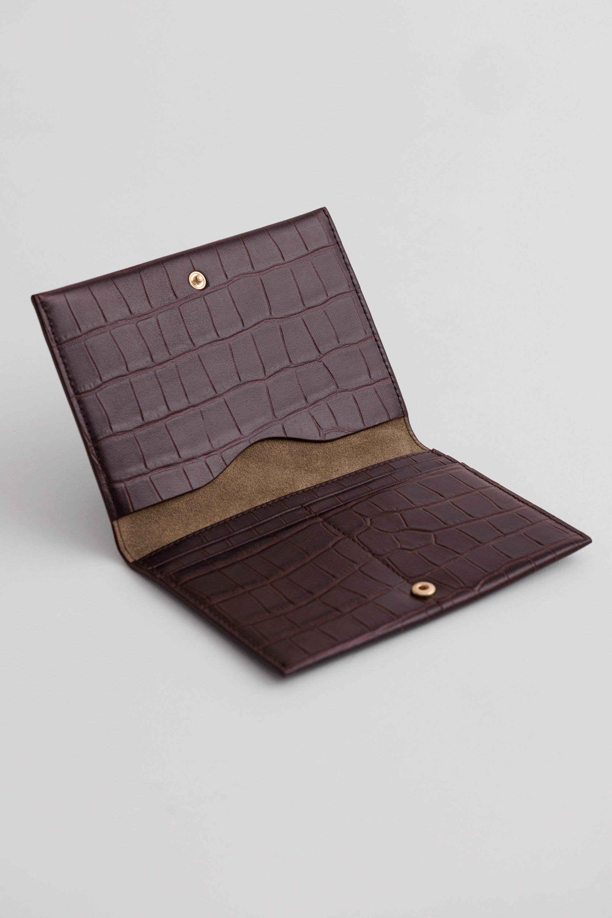 Jessie Folio in Fire Croc open view showing snap button closure and four card slots