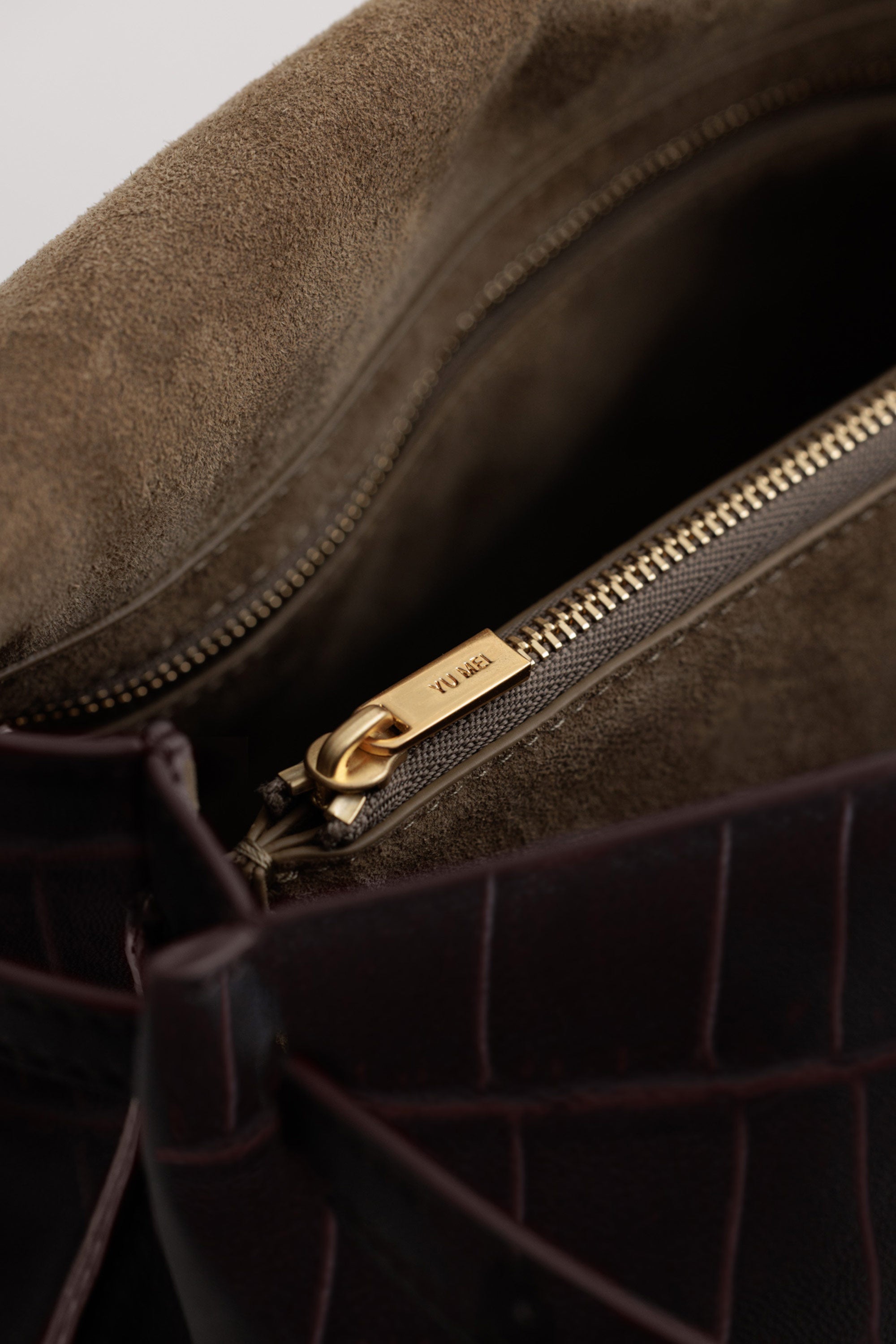 Pania Bag in Fire Croc front view showing internal zipped compartment and recycled suede lining