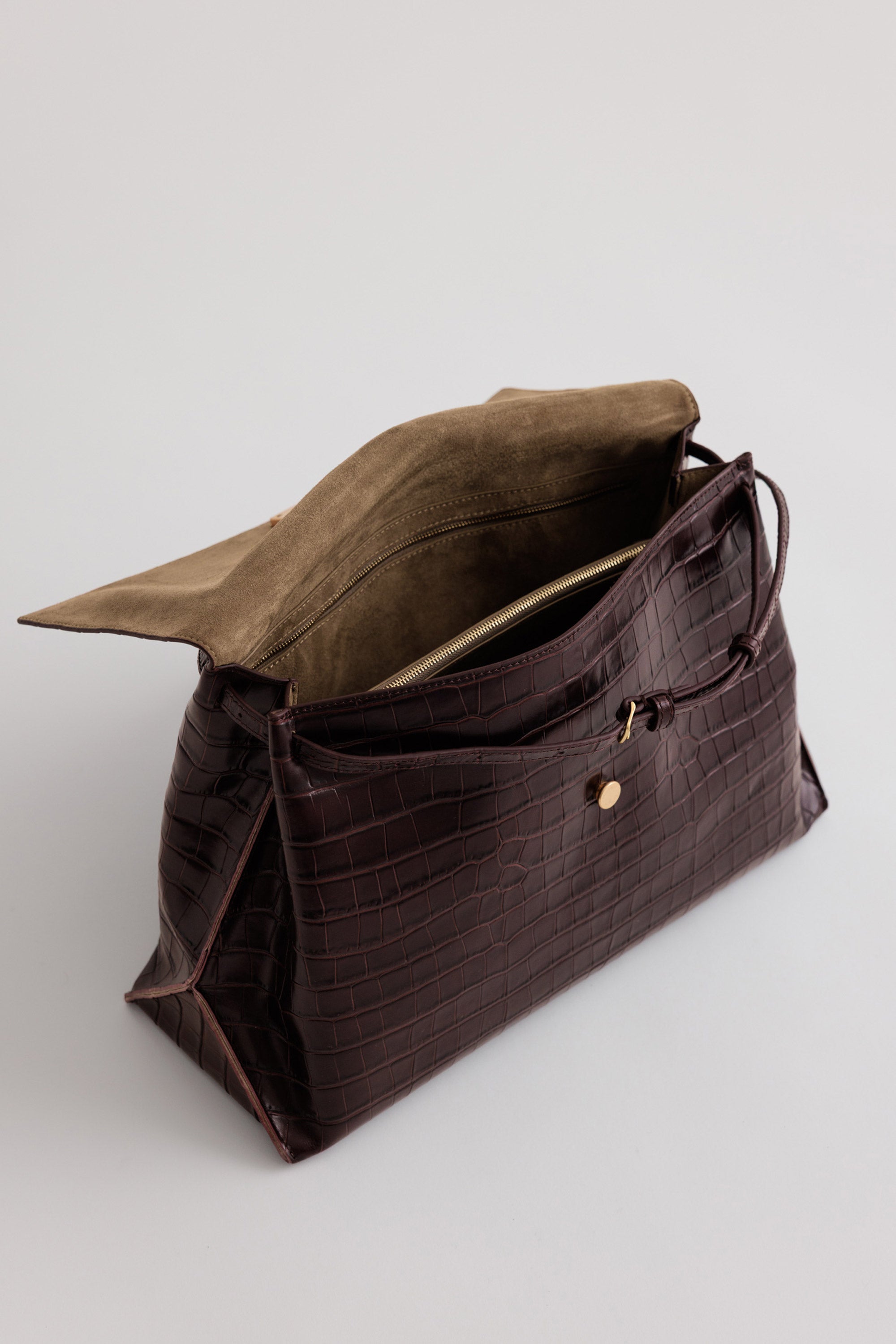 Pania Bag in Fire Croc open view showing recycled suede lining and internal zipped compartment